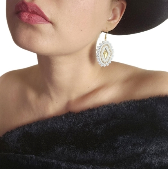 2/$27 | White + Gold Beaded Bohemian Indigenous Native Hoop Earrings | Handmade - Picture 3 of 8